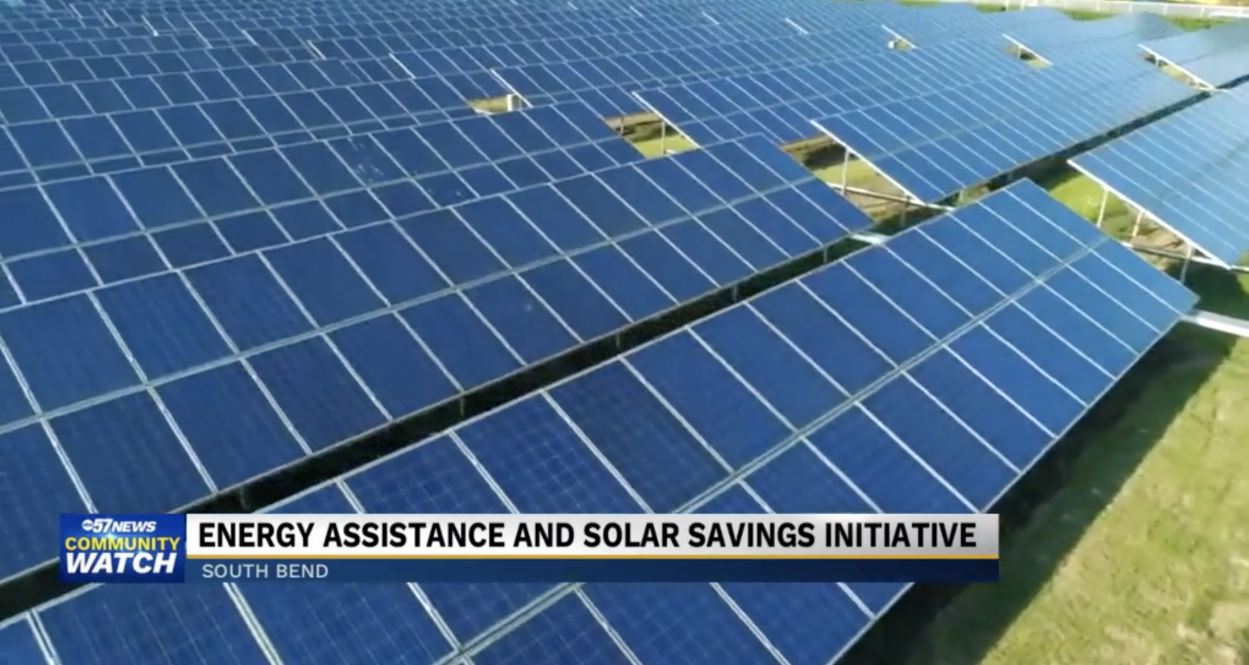 Solar panel array featured in a news story about an energy assistance and solar savings initiative in South Bend.