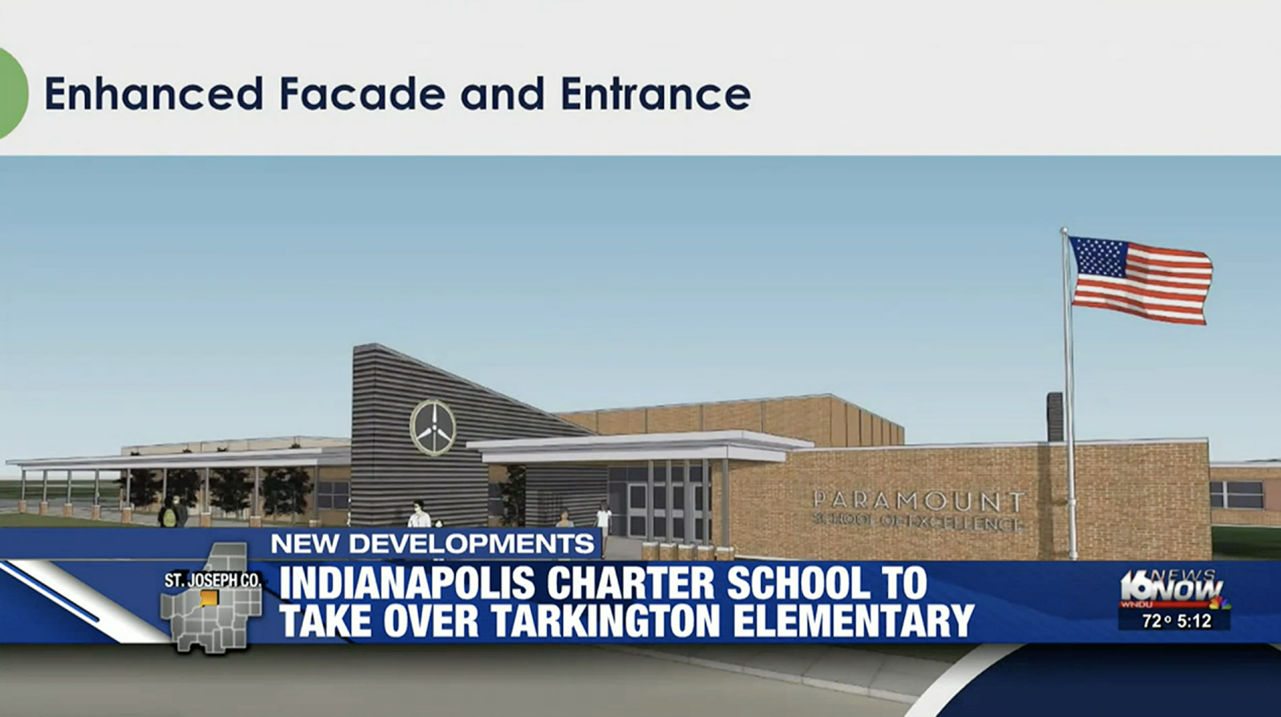 Rendering of the planned Paramount South Bend entrance featured in a news story about the Tarkington Elementary transition.