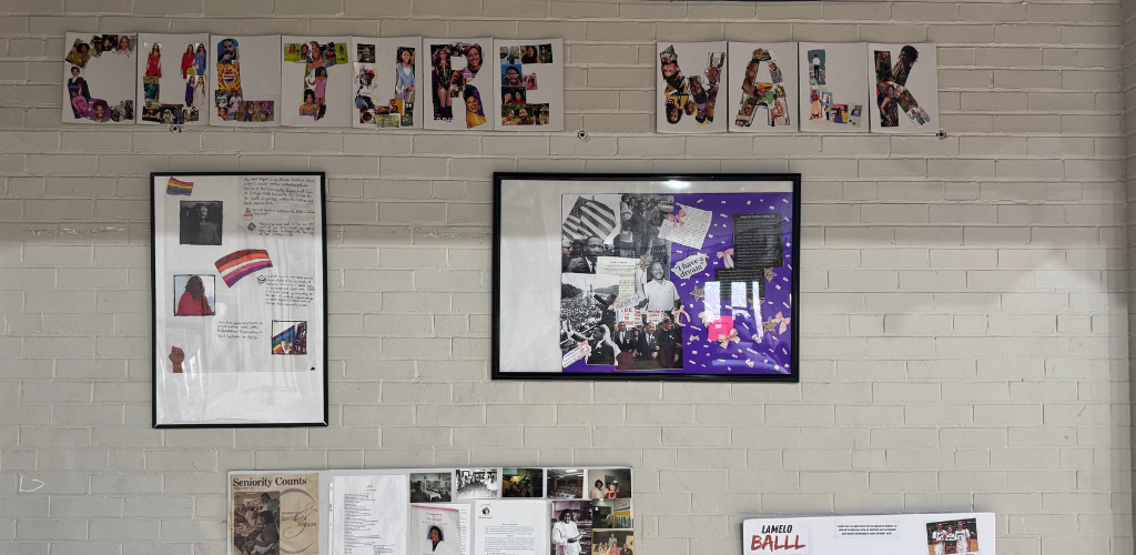 Student-created “Lift the Walk” display featuring artwork and projects celebrating culture, history, and identity.