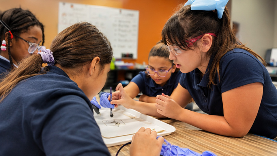 Girls IN STEM Academy students collaborating on a hands-on science experiment in the classroom