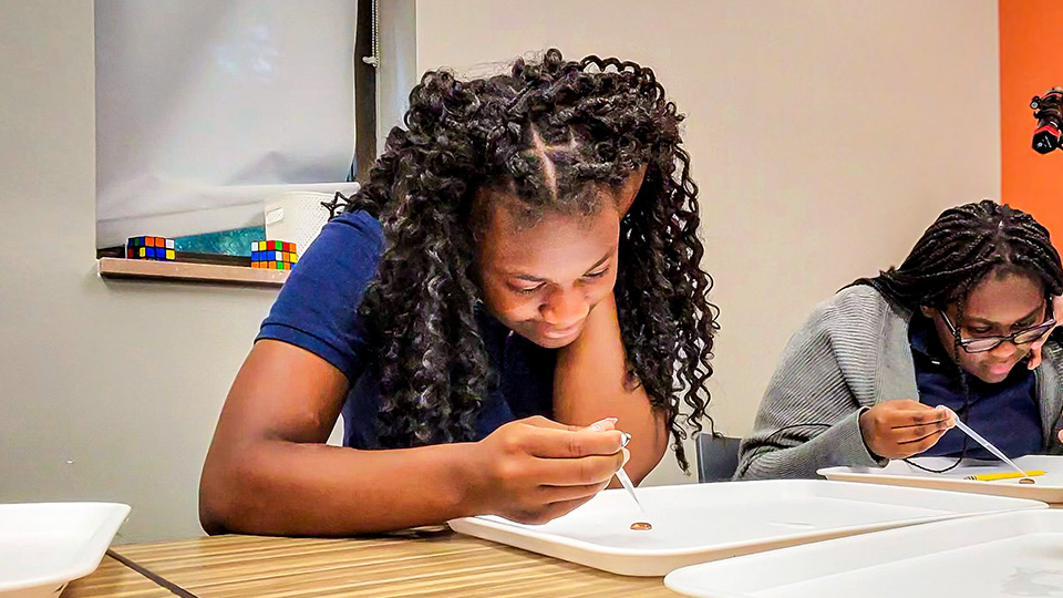 Girls IN STEM Academy students using droppers to examine samples during a hands-on science experiment