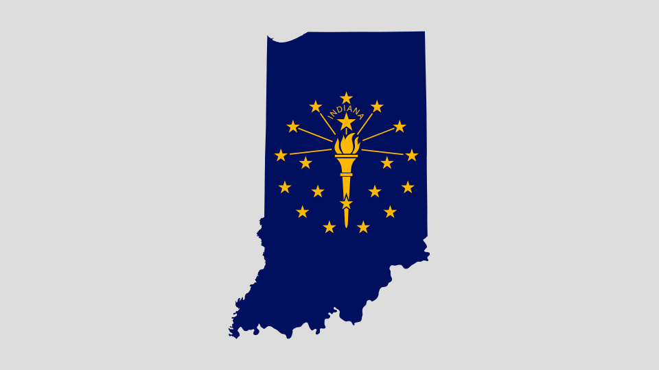 Graphic of the state of Indiana featuring the Indiana state flag's gold torch and stars on a navy blue background.