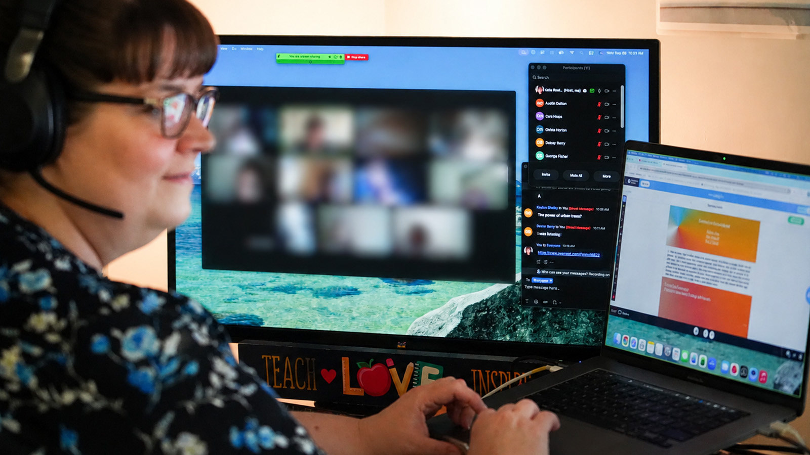 Paramount Online Academy teacher leading a virtual classroom lesson with students through Zoom from her computer